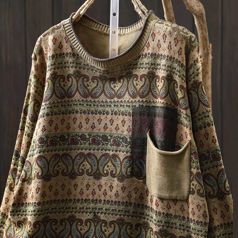 Maglione da donna in cotone con scollo rotondo, manica lunga, motivo floreale autunnale con motivo Buddha Stones Plant e tasca - Image 15