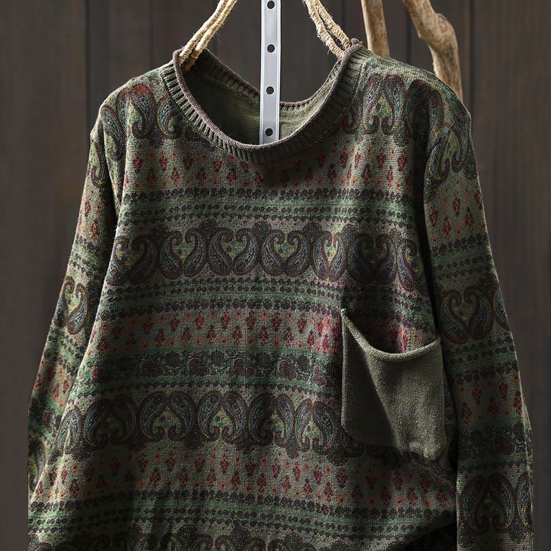 Maglione da donna in cotone con scollo rotondo, manica lunga, motivo floreale autunnale con motivo Buddha Stones Plant e tasca - Image 17