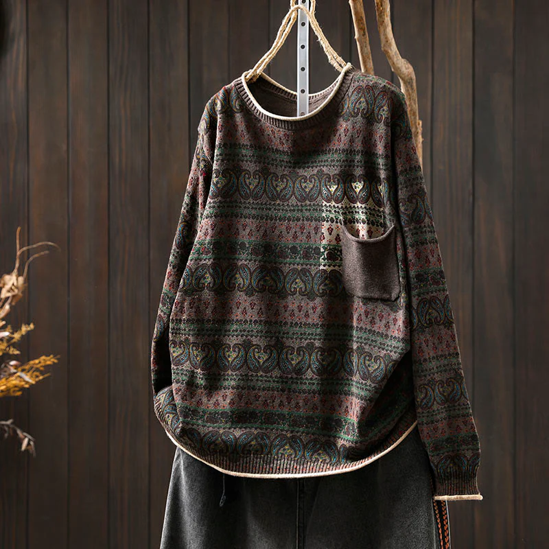 Maglione da donna in cotone con scollo rotondo, manica lunga, motivo floreale autunnale con motivo Buddha Stones Plant e tasca - Image 18