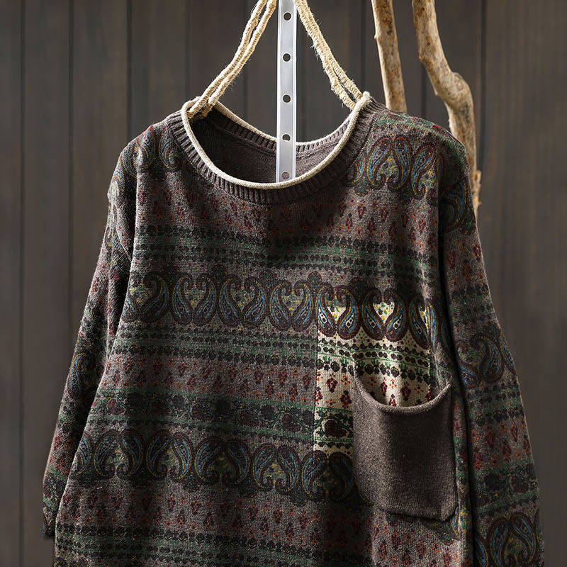 Maglione da donna in cotone con scollo rotondo, manica lunga, motivo floreale autunnale con motivo Buddha Stones Plant e tasca - Image 19