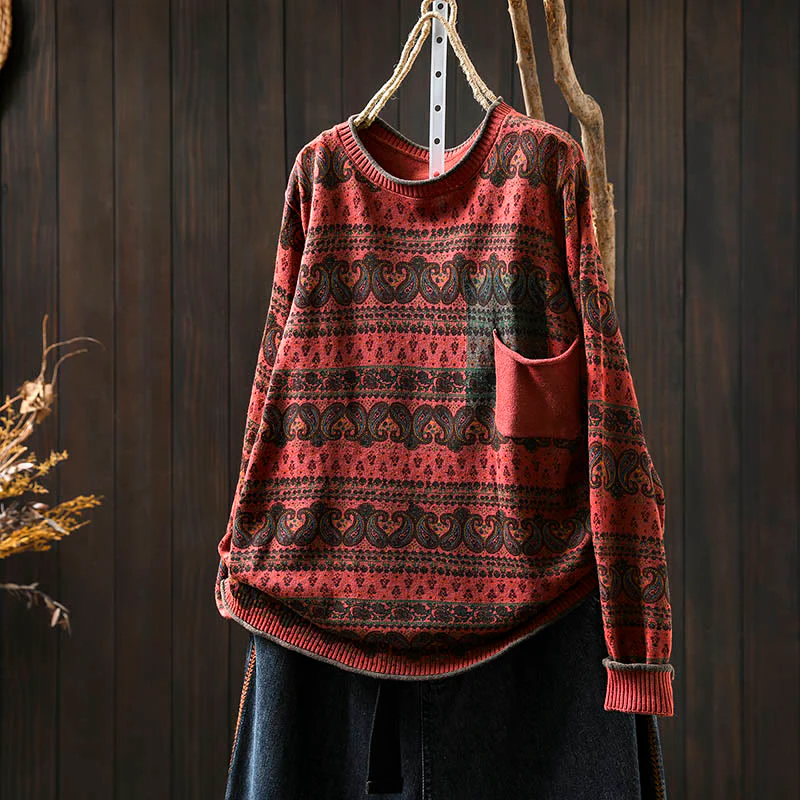 Maglione da donna in cotone con scollo rotondo, manica lunga, motivo floreale autunnale con motivo Buddha Stones Plant e tasca - Image 3