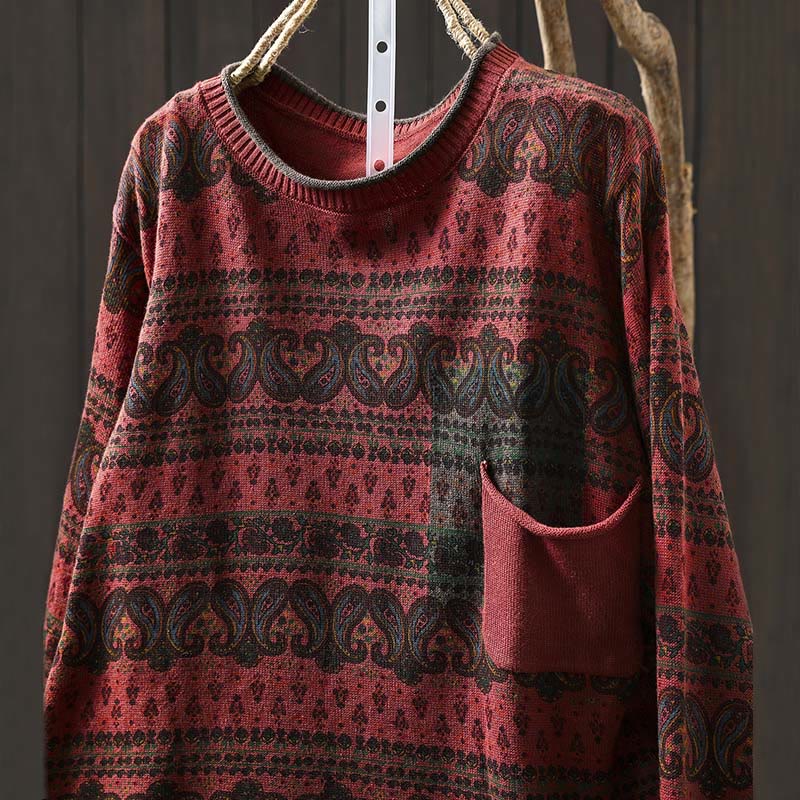 Maglione da donna in cotone con scollo rotondo, manica lunga, motivo floreale autunnale con motivo Buddha Stones Plant e tasca - Image 4