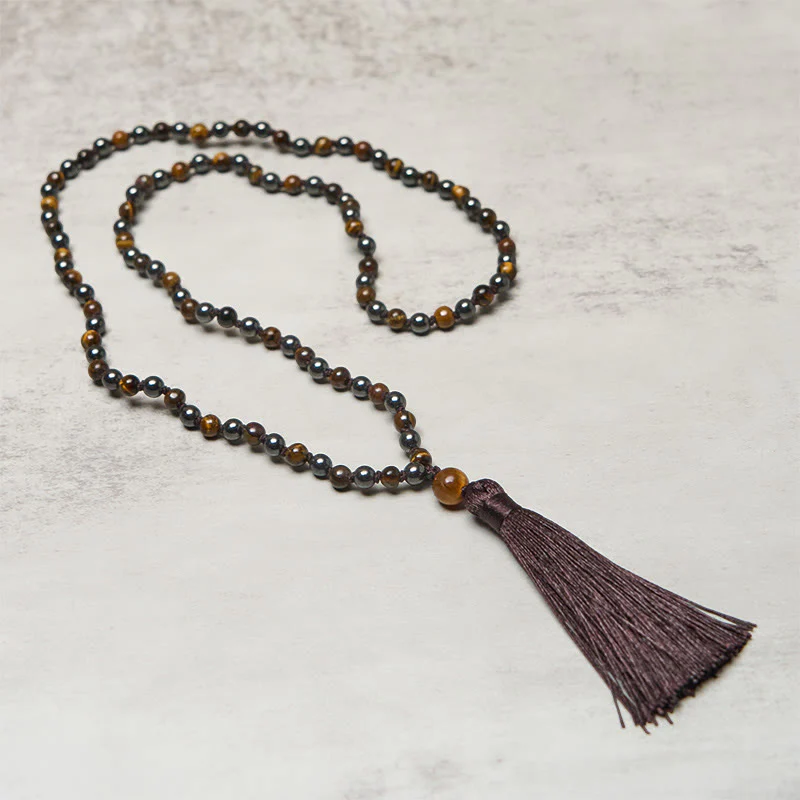 Mala con 108 Buddha Stones, occhio di tigre, ematite e nappa, coraggio e forza - Image 3