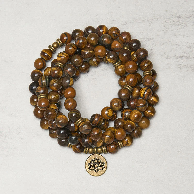 Mala con perline di occhio di tigre, simbolo di loto Buddha Stones
