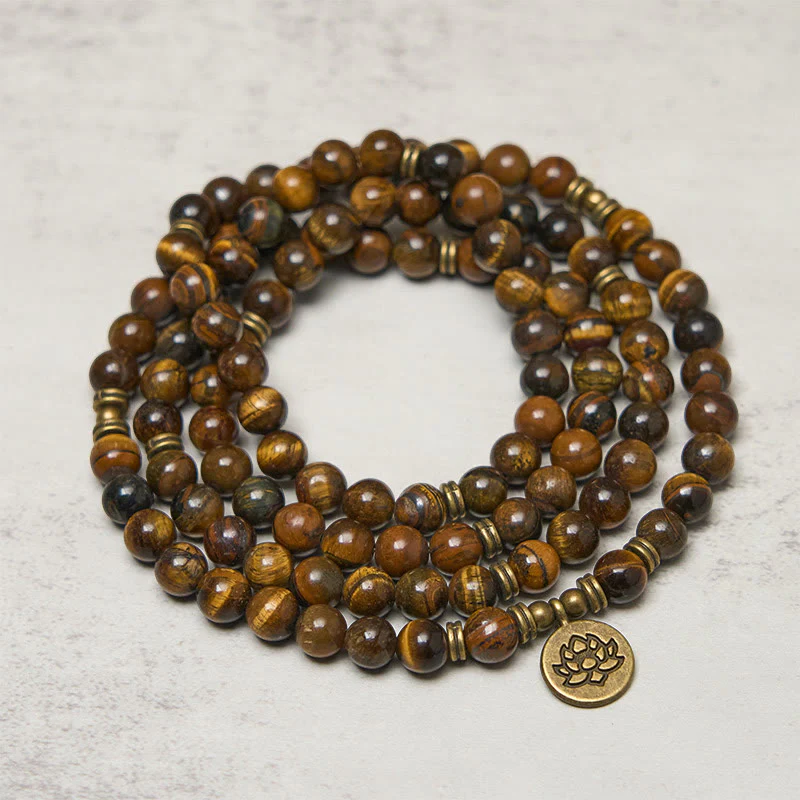 Mala con perline di occhio di tigre, simbolo di loto Buddha Stones - Image 2