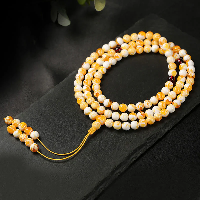 Mala tibetano in ambra bianca e gialla con 108 perle Buddha Stones - Image 2