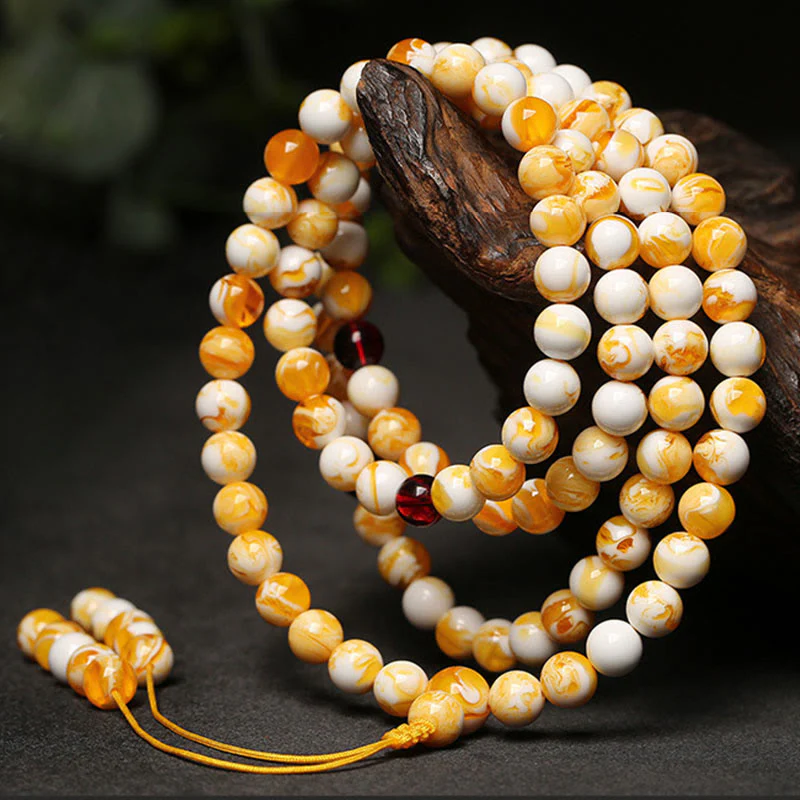 Mala tibetano in ambra bianca e gialla con 108 perle Buddha Stones - Image 3