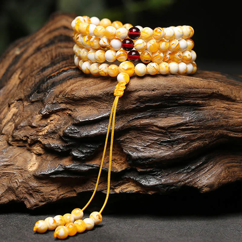 Mala tibetano in ambra bianca e gialla con 108 perle Buddha Stones - Image 4