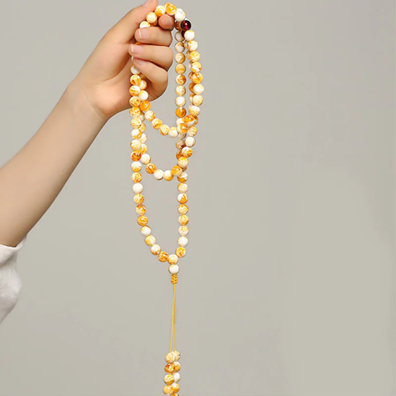 Mala tibetano in ambra bianca e gialla con 108 perle Buddha Stones - Image 5