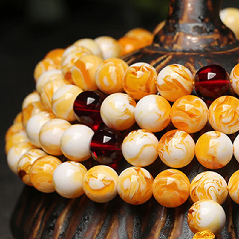 Mala tibetano in ambra bianca e gialla con 108 perle Buddha Stones - Image 7