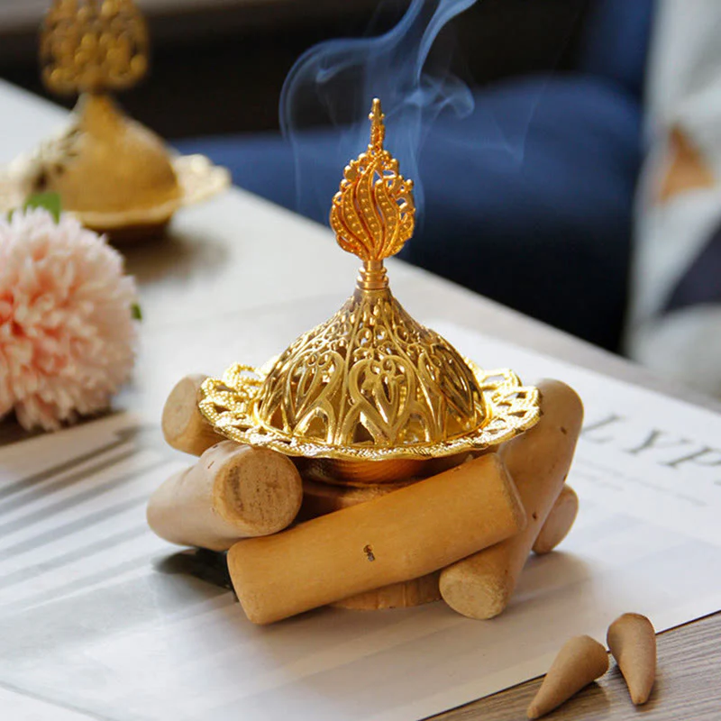 Mini bruciatore di incenso curativo in lega d'oro con sottobicchiere in legno, decorazione per la casa - Image 13