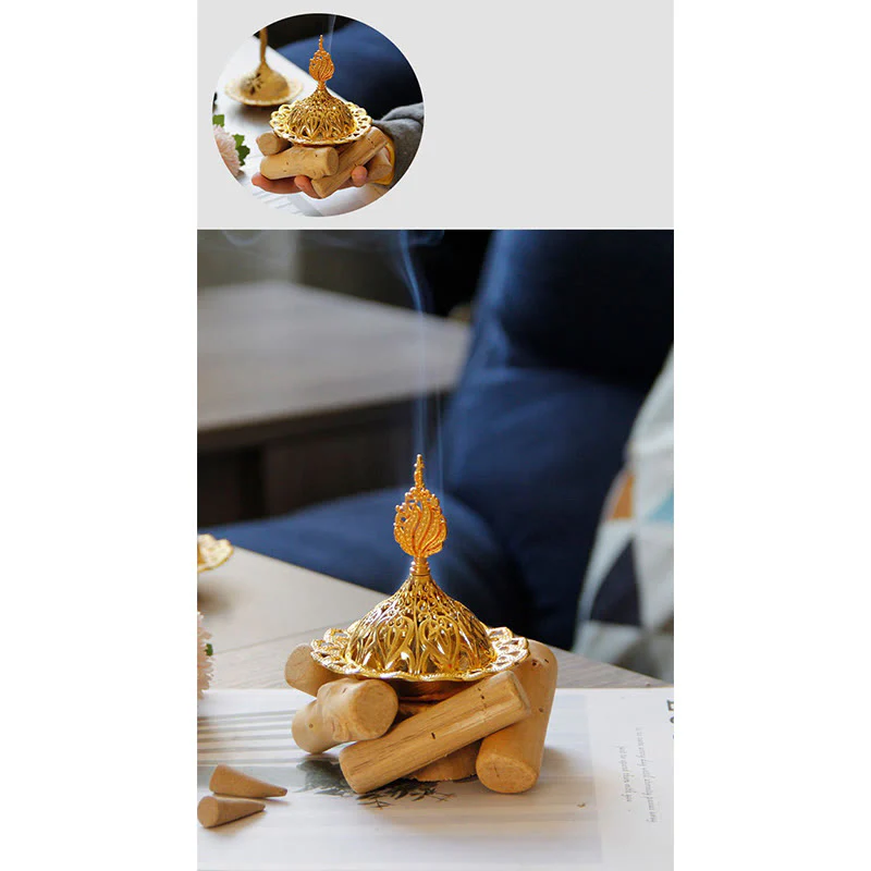 Mini bruciatore di incenso curativo in lega d'oro con sottobicchiere in legno, decorazione per la casa - Image 15