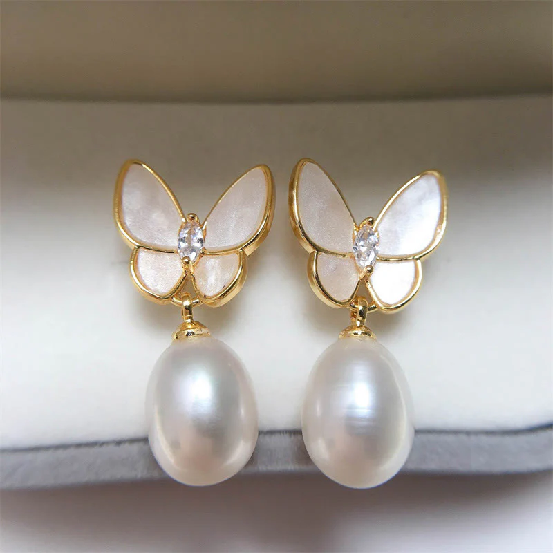 Orecchini a bottone con farfalla e perle in rame placcato oro 18K, con perline in argento sterling 925 e Buddha Stones - Image 2