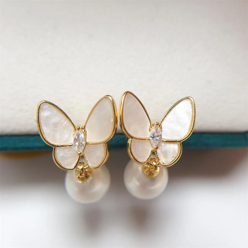Orecchini a bottone con farfalla e perle in rame placcato oro 18K, con perline in argento sterling 925 e Buddha Stones - Image 3
