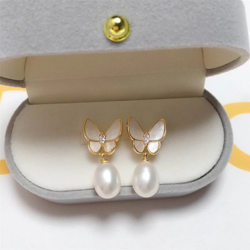 Orecchini a bottone con farfalla e perle in rame placcato oro 18K, con perline in argento sterling 925 e Buddha Stones - Image 4