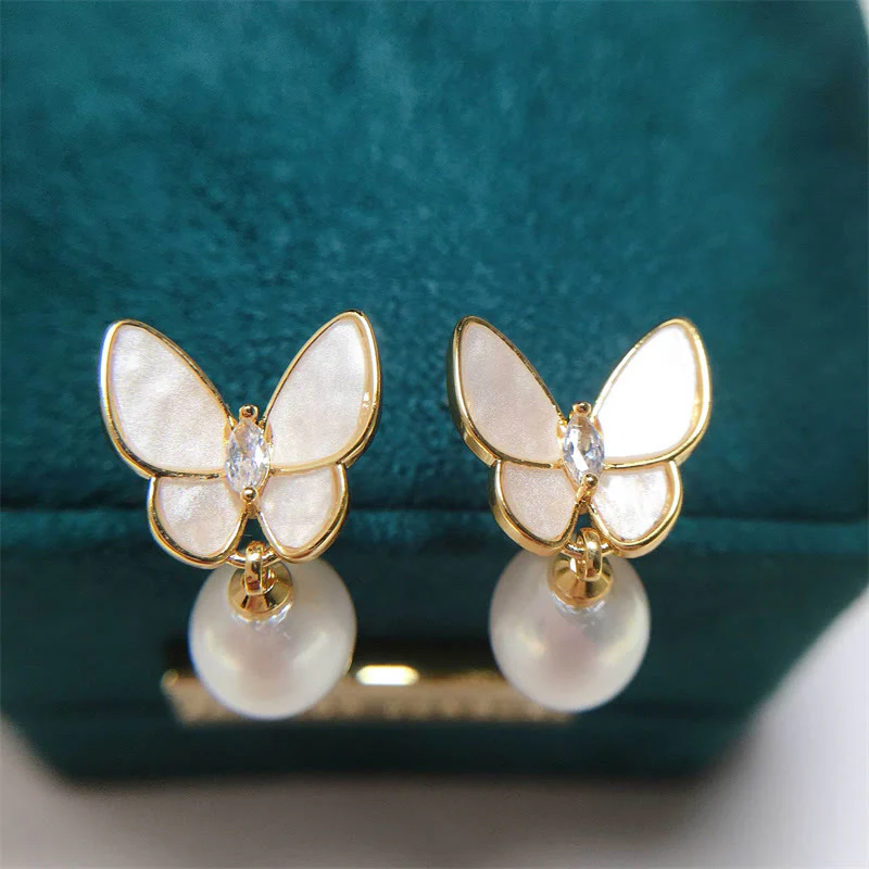 Orecchini a bottone con farfalla e perle in rame placcato oro 18K, con perline in argento sterling 925 e Buddha Stones - Image 5