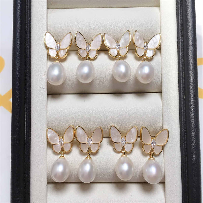 Orecchini a bottone con farfalla e perle in rame placcato oro 18K, con perline in argento sterling 925 e Buddha Stones - Image 7