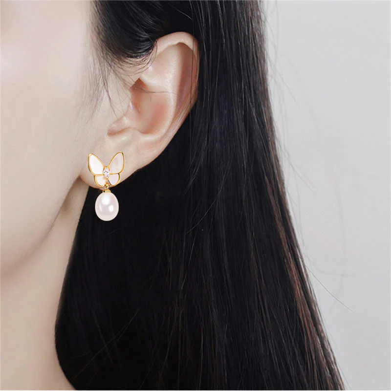 Orecchini a bottone con farfalla e perle in rame placcato oro 18K, con perline in argento sterling 925 e Buddha Stones - Image 8
