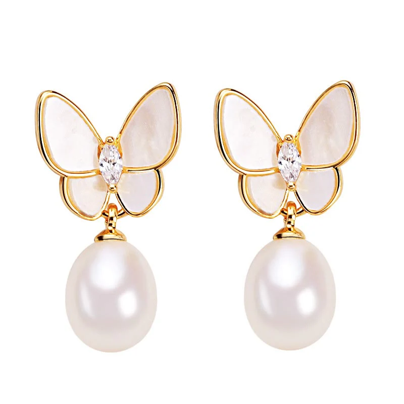 Orecchini a bottone con farfalla e perle in rame placcato oro 18K, con perline in argento sterling 925 e Buddha Stones - Image 9