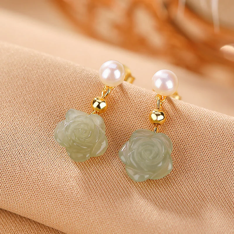 Orecchini Buddha Stones 925 Sterling Silver Placcato Oro Giada Rosa Fiore Ciano Giada Perla Fortuna - Image 11