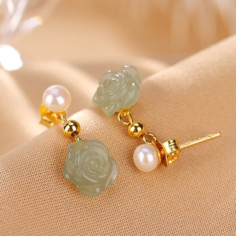 Orecchini Buddha Stones 925 Sterling Silver Placcato Oro Giada Rosa Fiore Ciano Giada Perla Fortuna - Image 13