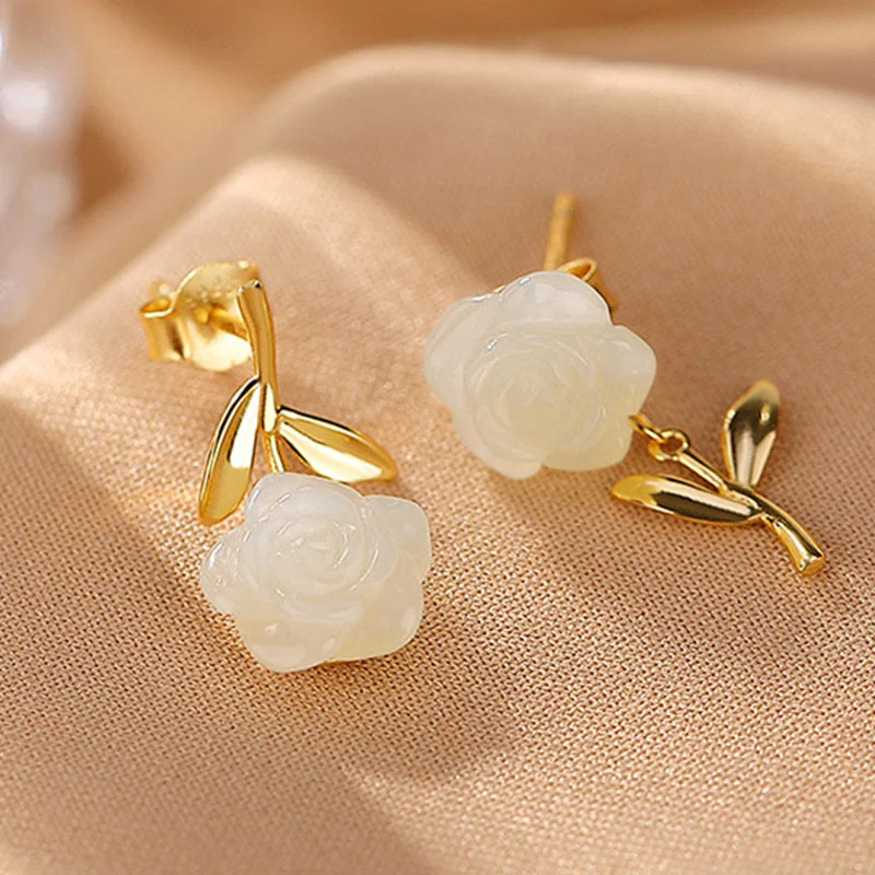 Orecchini Buddha Stones 925 Sterling Silver Placcato Oro Giada Rosa Fiore Ciano Giada Perla Fortuna - Image 3
