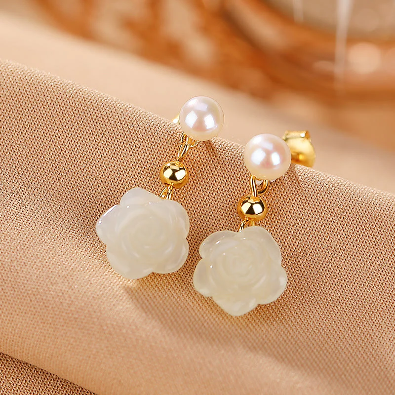 Orecchini Buddha Stones 925 Sterling Silver Placcato Oro Giada Rosa Fiore Ciano Giada Perla Fortuna - Image 4