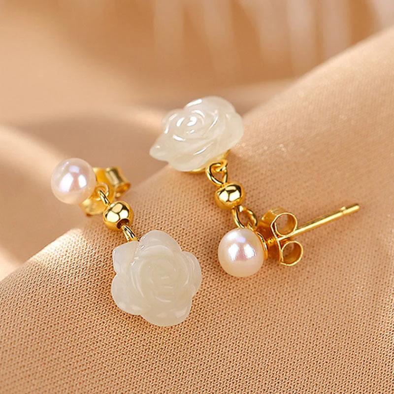 Orecchini Buddha Stones 925 Sterling Silver Placcato Oro Giada Rosa Fiore Ciano Giada Perla Fortuna - Image 6