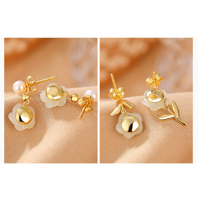 Orecchini Buddha Stones 925 Sterling Silver Placcato Oro Giada Rosa Fiore Ciano Giada Perla Fortuna - Image 8