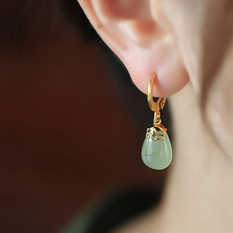 Orecchini Buddha Stones Calcedonio verde con gocce d'acqua e rame resistente - Image 18