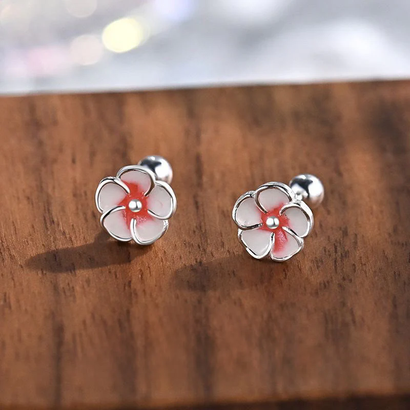 Orecchini Buddha Stones in argento sterling 999 con fiori di pesco e benedizione