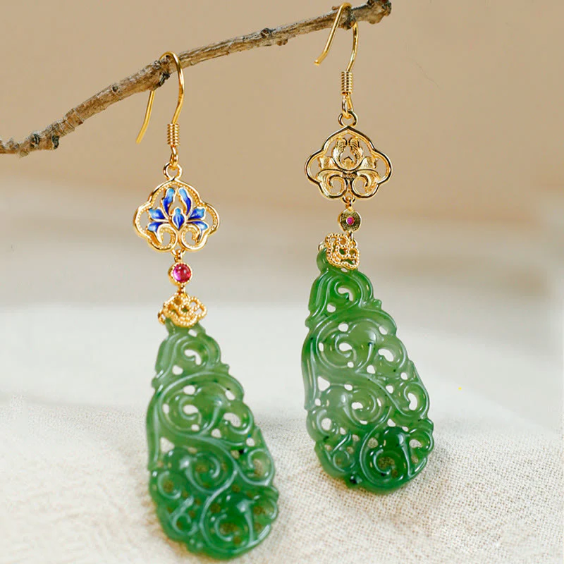 Orecchini della prosperità in argento sterling 925 con smalto in giada Hetian cava e Buddha Stones