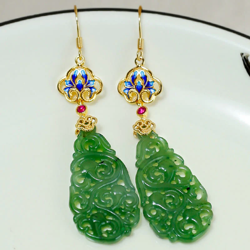 Orecchini della prosperità in argento sterling 925 con smalto in giada Hetian cava e Buddha Stones - Image 10