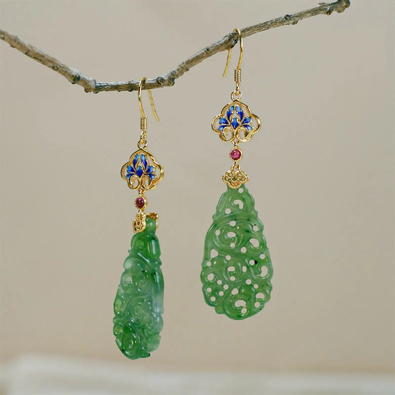 Orecchini della prosperità in argento sterling 925 con smalto in giada Hetian cava e Buddha Stones - Image 12