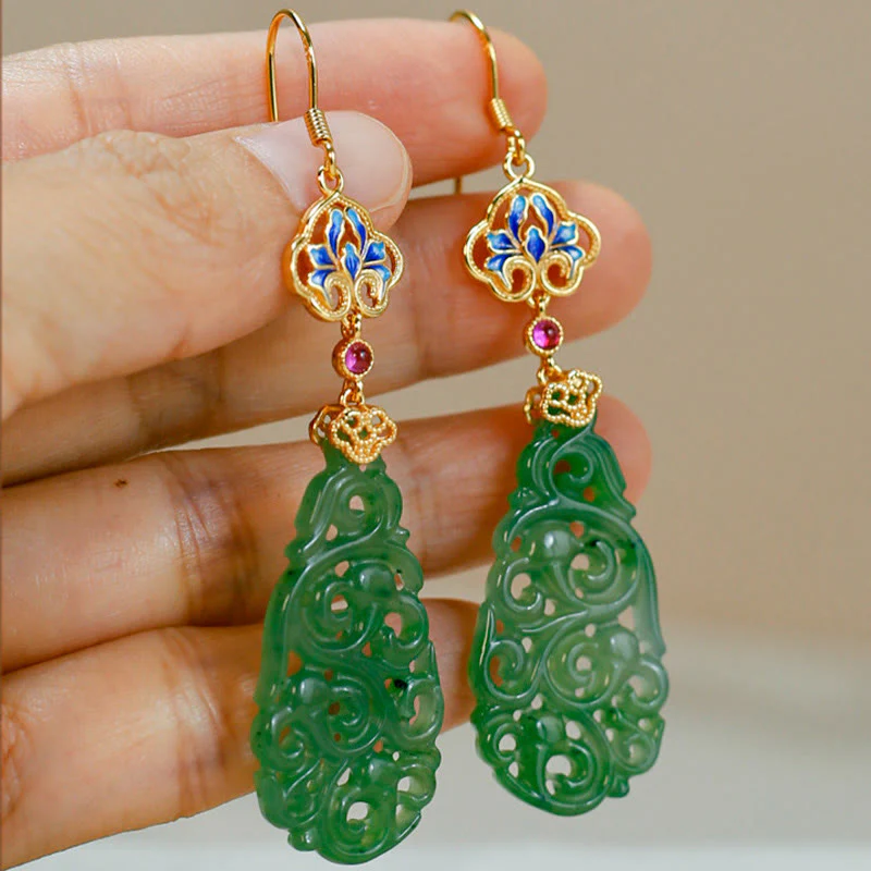 Orecchini della prosperità in argento sterling 925 con smalto in giada Hetian cava e Buddha Stones - Image 13