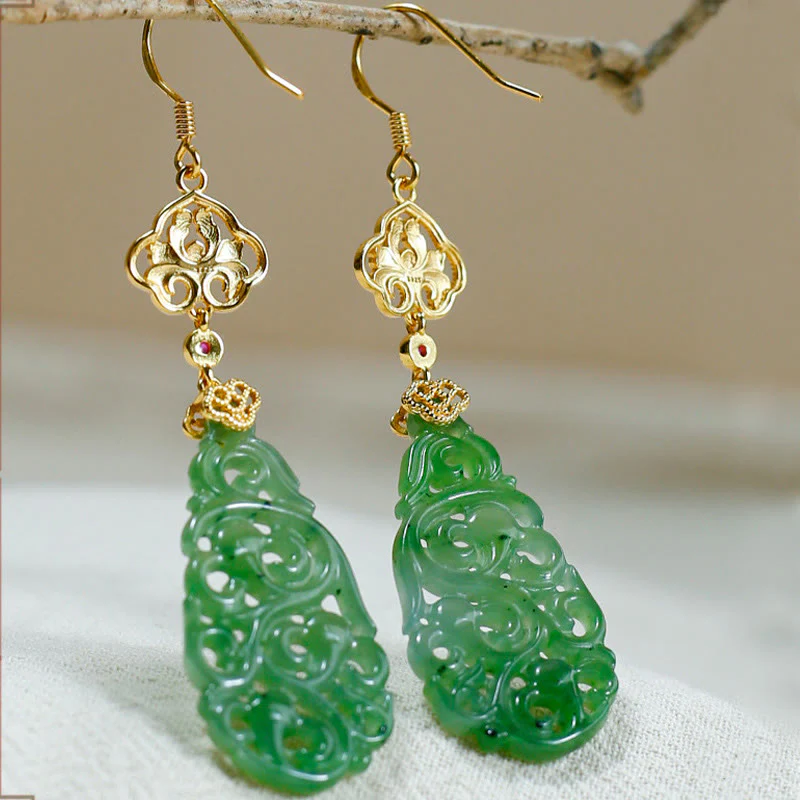 Orecchini della prosperità in argento sterling 925 con smalto in giada Hetian cava e Buddha Stones - Image 2