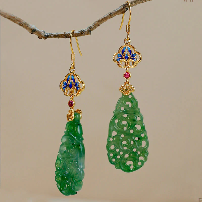 Orecchini della prosperità in argento sterling 925 con smalto in giada Hetian cava e Buddha Stones - Image 3