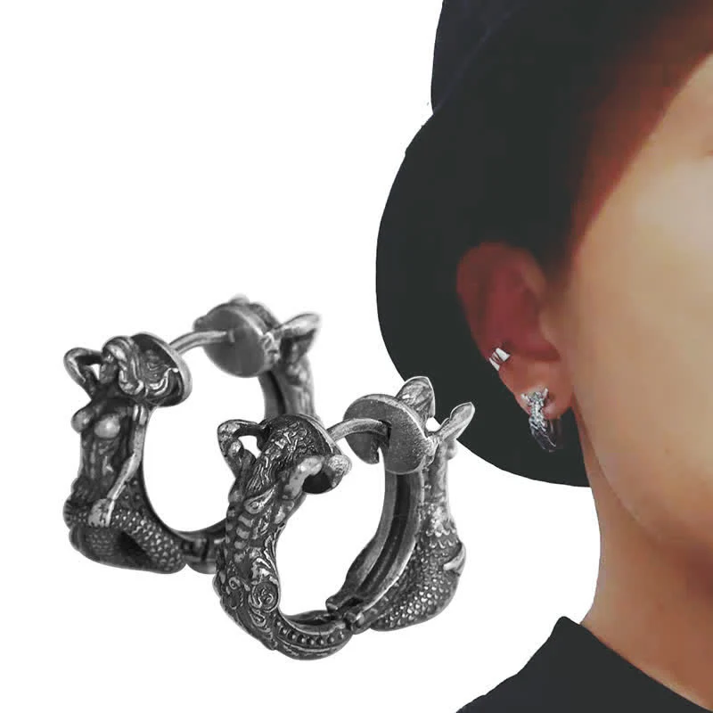 Orecchini di protezione con motivo a cerchio di drago in argento sterling 925 Buddha Stones - Image 3
