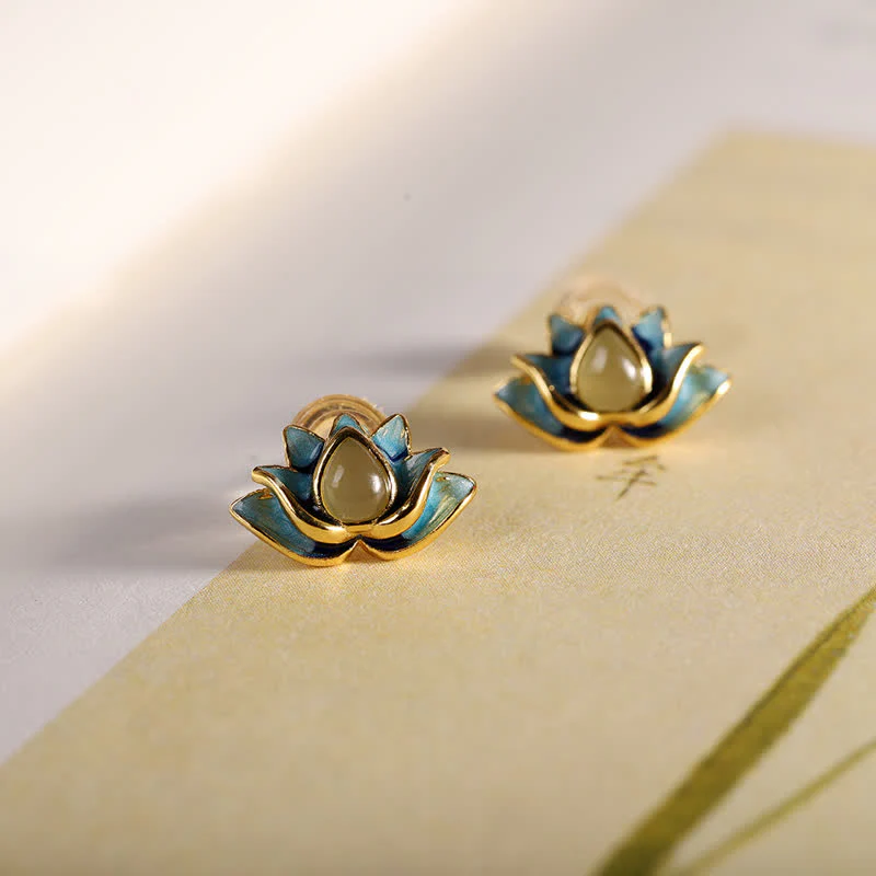 Orecchini di successo in argento sterling 925 con fiore di loto in giada ciano Hetian