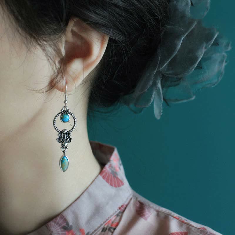 Orecchini pendenti a goccia con motivo a goccia turchese vintage in argento sterling 925 Buddha Stones - Image 2