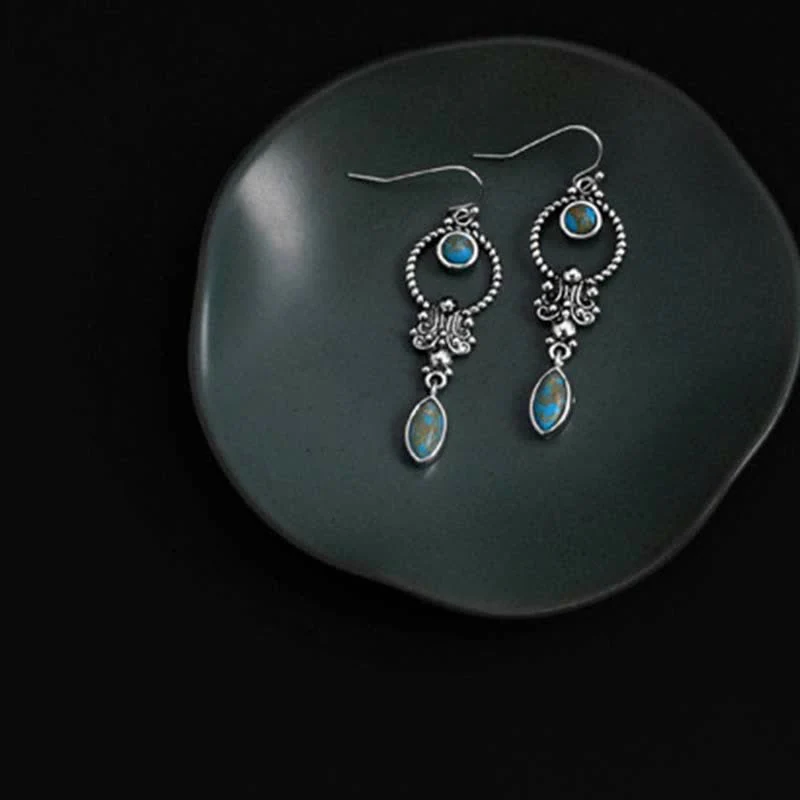 Orecchini pendenti a goccia con motivo a goccia turchese vintage in argento sterling 925 Buddha Stones - Image 4