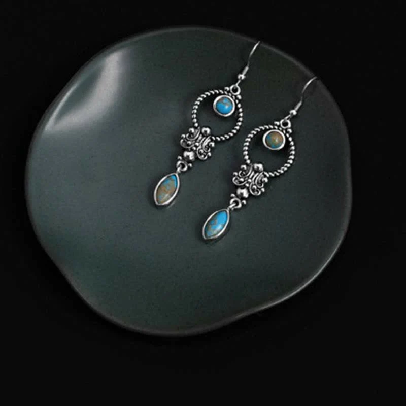 Orecchini pendenti a goccia con motivo a goccia turchese vintage in argento sterling 925 Buddha Stones - Image 7