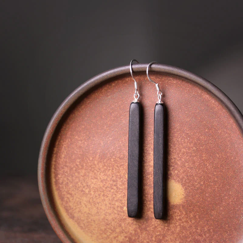 Orecchini pendenti Buddha Stones 925 Sterling Silver Ebony Wood Texture Balance Peace Drop