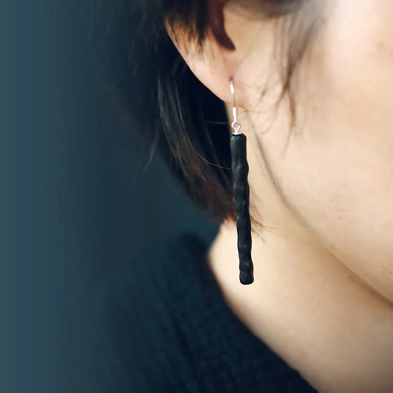 Orecchini pendenti Buddha Stones 925 Sterling Silver Ebony Wood Texture Balance Peace Drop - Image 11