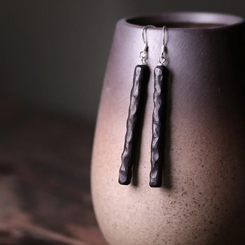 Orecchini pendenti Buddha Stones 925 Sterling Silver Ebony Wood Texture Balance Peace Drop - Image 12