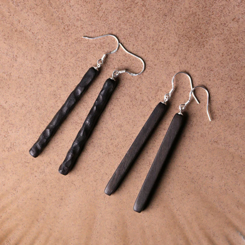 Orecchini pendenti Buddha Stones 925 Sterling Silver Ebony Wood Texture Balance Peace Drop - Image 2