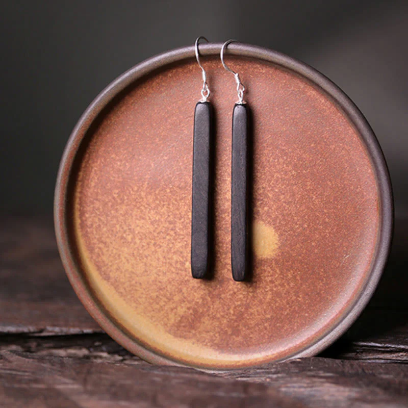 Orecchini pendenti Buddha Stones 925 Sterling Silver Ebony Wood Texture Balance Peace Drop - Image 3