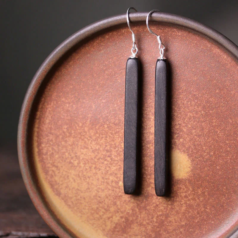 Orecchini pendenti Buddha Stones 925 Sterling Silver Ebony Wood Texture Balance Peace Drop - Image 5