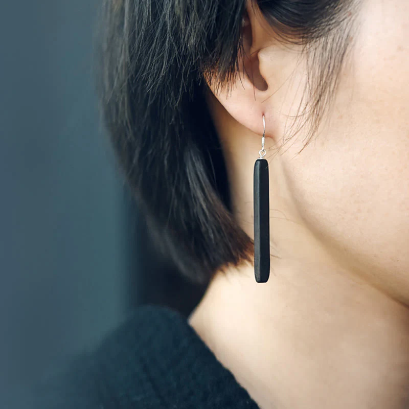 Orecchini pendenti Buddha Stones 925 Sterling Silver Ebony Wood Texture Balance Peace Drop - Image 6