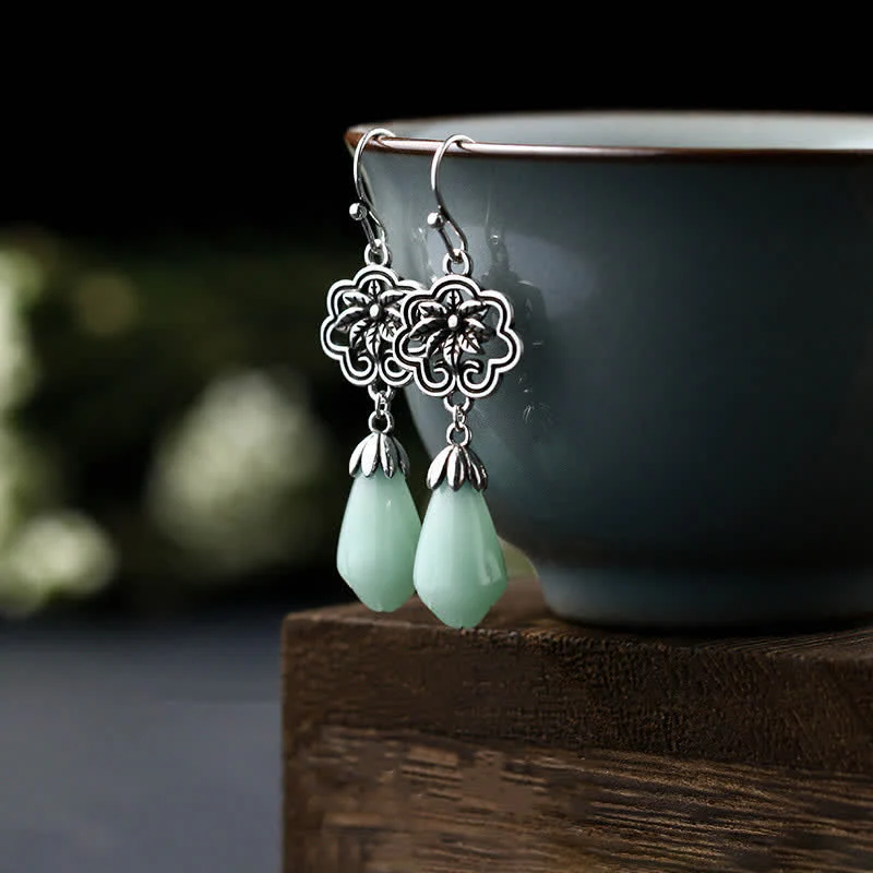 Orecchini pendenti Buddha Stones Magnolia Flower Jade Water Drop Prosperity